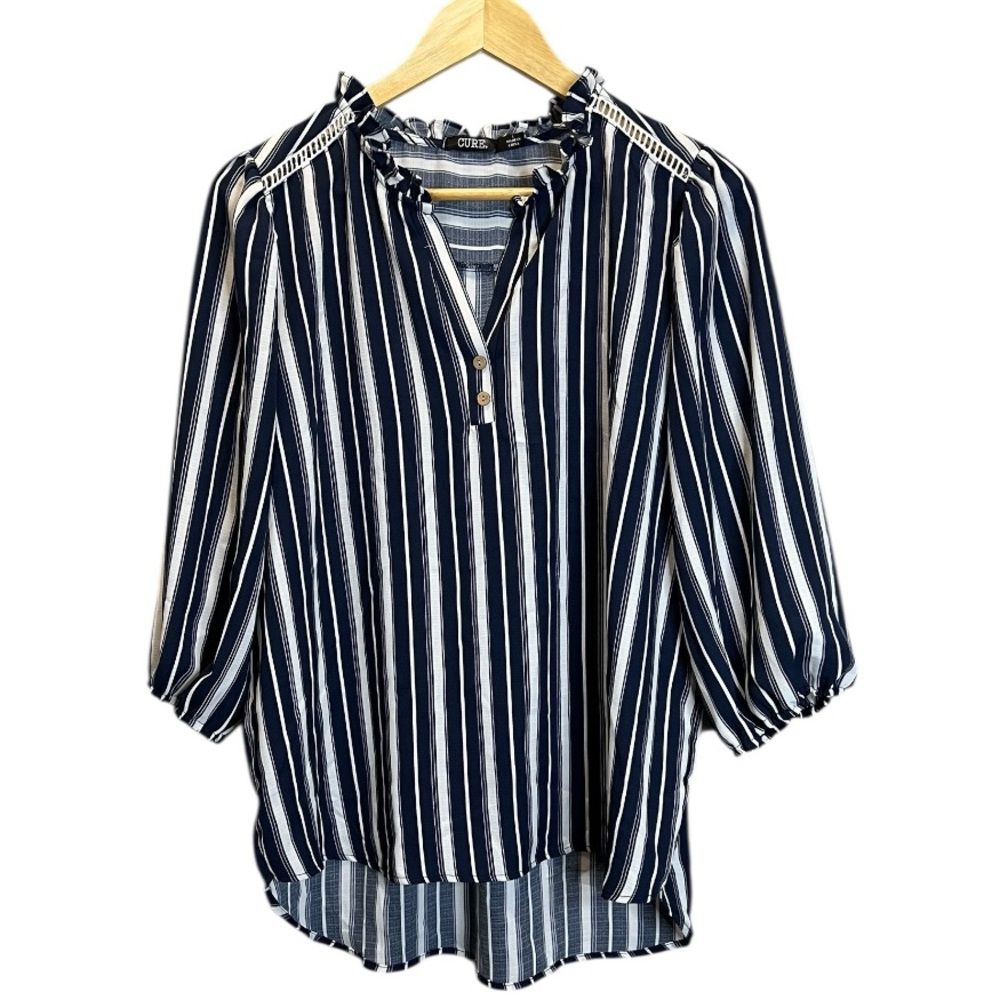Cure. Blue and White Relaxed Blouse Women’s Top with Mandarin Collar